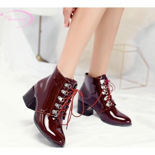 Street style paint round toe ankle boots fashion rivets lace-up red black high-heeled chunky motorcycle boots shoes women