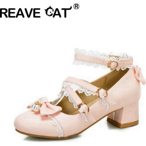 REAVE CAT Ladies Sweet Cute Lolita Mary Janes Pearl Pumps Lace Round Toe Square Heels 4cm PU Buckle Big Size 30-48 Spring A3261