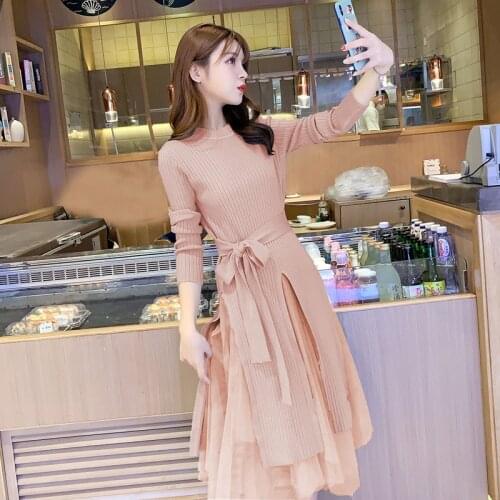 Mesh Skirt Suit Sets 2 Piece Set Two Piece Set New Autumn Winter High Quality Women Long Sleeve Knitted Sweater Dress + Elastic