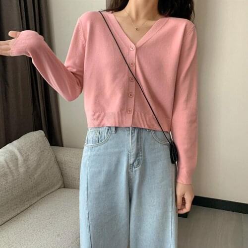 Women Short Knit Cardigan Lady Pure Loose T-Shirts Blouse V-neck Long Sleeve Yoga Thin Coat