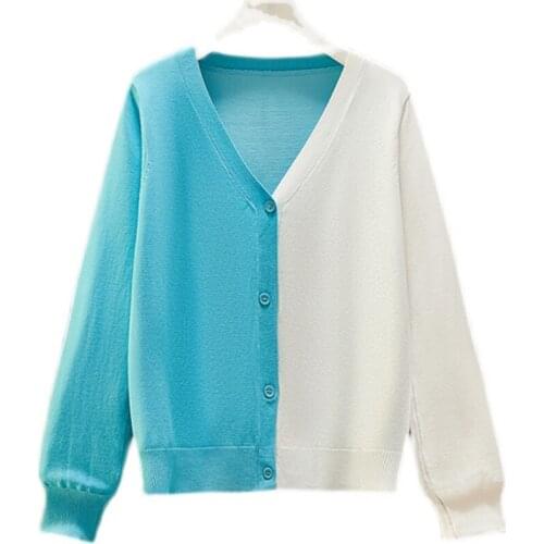 Spring Autumn Knitted Sweater Women 2021 Korean Casual Long Sleeve V-Neck Cardigan Sweaters Female Stitching All-match Coat