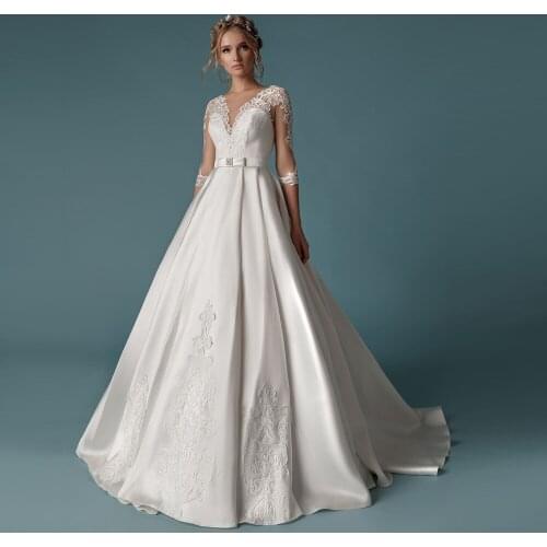 Half Sleeve Best France Satin Wedding Dress Vestido Blanco Pearls Bow Waist Appliques Simple Bridal Gowns Plus Size Boda