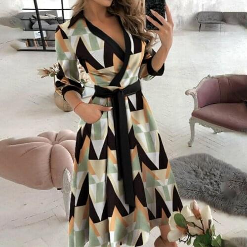 Shirt Dress Spring Summer Fashion Dress Long-Sleeve V-Neck Print Belt Womens Clothing Ete 2021 Robe Longue Vestidos