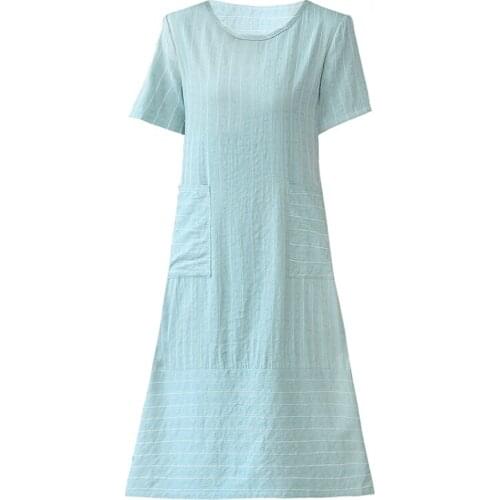 Women Comfortable Cotton And Linen Dress New Ladies Short Sleeve Round Neck Loose Summer Dress Female Vestidos Elegant Clothing