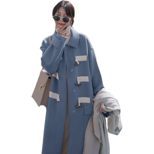 Winter X-Long Wool Coat Women Autumn Warm Woolen Coat Ladies Horn Buckle Woolen Jacket Coat Women Temperament Slim Wool Overcoat