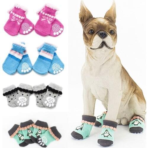 Winter Warm Pet Dog Cat Knitted Shoes Indoor Thick Soft Bottom Cotton Shoes for Small Dogs Cats Anti-Slip Pet Socks Pet Supplies