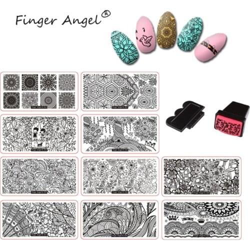 Finger Angel 10 Pcs 12*6cm Rectangle Nail Art Plate Stamping Template+10pcs White Backplane +1 Pcs Nail Stamper&Scraper Tool