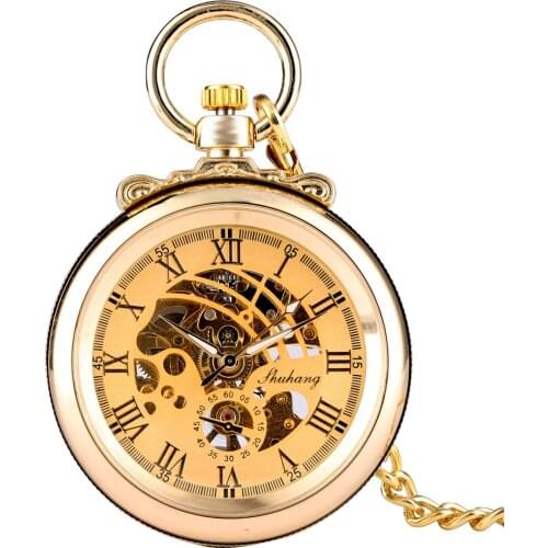 Antique Mechanical Hand Wind Pocket Watch Open Face Skeleton Roman Numerals Dial Pendant Watches Fob Chain Steampunk Xmas Gifts