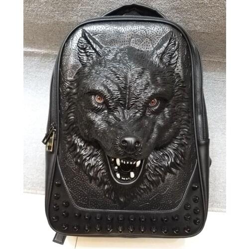 European and American leisure men and women backpack leather bag personality 3D three-dimensional wolfhead backpack college styl