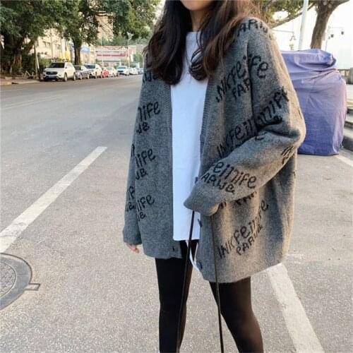 V Neck Women Button Black Houndstooth Cardigan 2021 Long Sleeve Sweater Autumn Winter Knitted Loose Oversized Jumper Casual