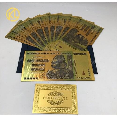 10pcs/lot Value Collectable Souvenir Banknotes Zimbabwe Colorful Gold Banknote One Hundred Trillion Dollar Souvenir Gifts