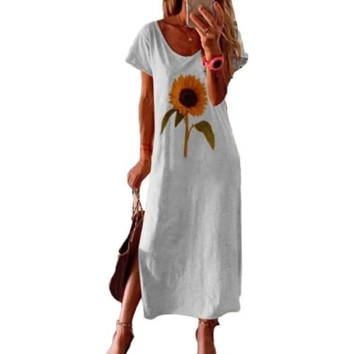 70% Hot Sell Fashion Women Sunflower Round Neck Short Sleeve Side Split Loose Long Dress