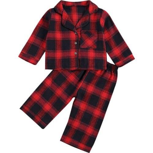 Lioraitiin Baby Boy Girl 2-7Years Clothing Plaid Top Clothing Sleeping Pants Suit Cotton Lapel Neck Long Sleeve Buttons Shirt