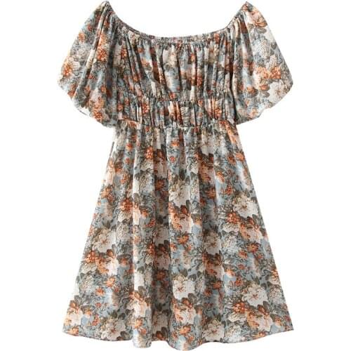 Boho Style Floral Printed Mini Dress Butterfly Short Sleeve Slash Neck Dresses Female Chic A Line Elastic Waist Dress