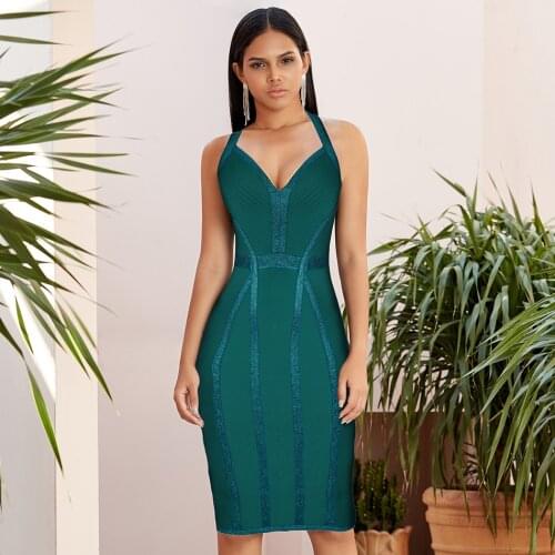 2020 New Summer Women Green V Neck Club Bodycon Bandage Dress Sexy Spaghetti Strap Celebrity Runway Evening Party Dress Vestidos