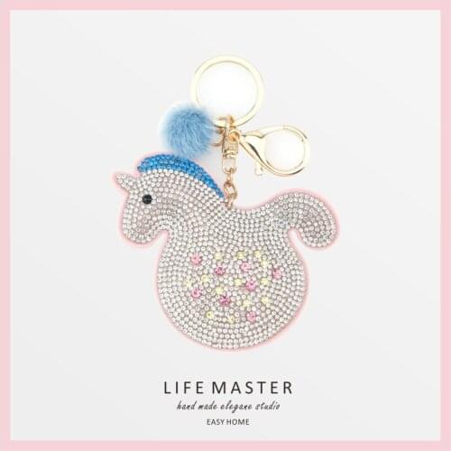 Handmade PU Leather Unicorn Horse Animal Crystal Pet Bag Keychain Creative Keyring For Men Women Trinket Pendant Keychains D868