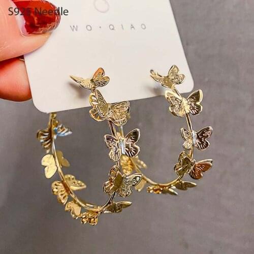 925 Sterling Silver Needle Hoop Earrings for Women Female Jewelry Gold Butterfly Large Female Earrings