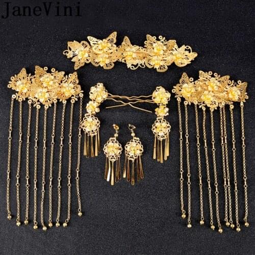 JaneVini Chinese Golden Butterfly Bridal Hairpins Wedding Hair Jewelry Accessories Headdress Bride Hairwear Vintage Hair Sticks