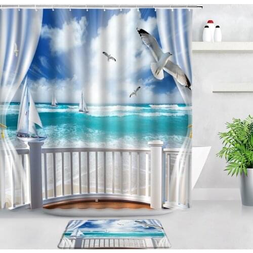 3D Sea Wave Sailing Ocean Scenery Shower Curtains Bath Mats Set Creative Window White Bird Beach Bathroom Non-slip Rugs Door Pad