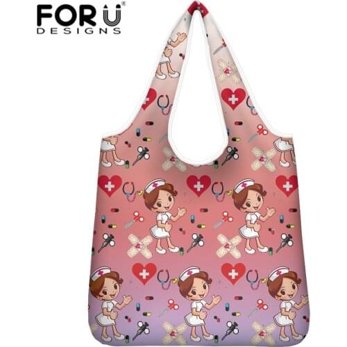 FORUDESIHNS Cartoon Nurse Print Shopping Bag Portable Foldable Eco Friendly Grocery Pouch Women Multicolor Large-capacity Totes