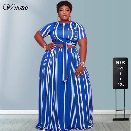Plus Size Women Clothing 4xl Round Collar Striped Printed Two Piece Set Bandage Skirt Set Elegant Outfits Wholesale Dropshipping