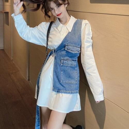 Women White Shirt with Denim Tanks Sets Women Denim Tanks Long Shirt Set Femme Womens 2pcs Tops