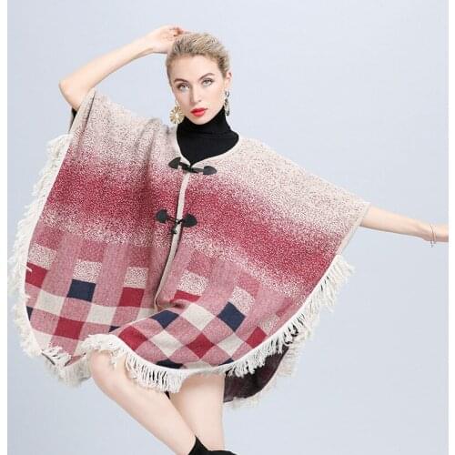 Women Horn Button Cardigan Gradients Multicolor Plaid Capes Loose Thick Poncho 2020 Autumn Winter Knitted Sweater Tassel Shawl
