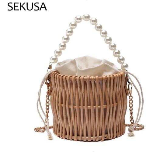 Bucket Shaped Design Women Day Clutch Hollow Out Straw Vintage Lady Handbags Beading Party Dinner Holder Evening Bags