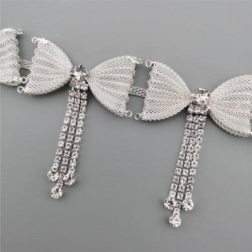 1 feet Silver Crystal Bow Tassel Rhinestone Chain Bowknot Metal Chain Collar Trim for Wedding Dress Necklace Bag Decoration
