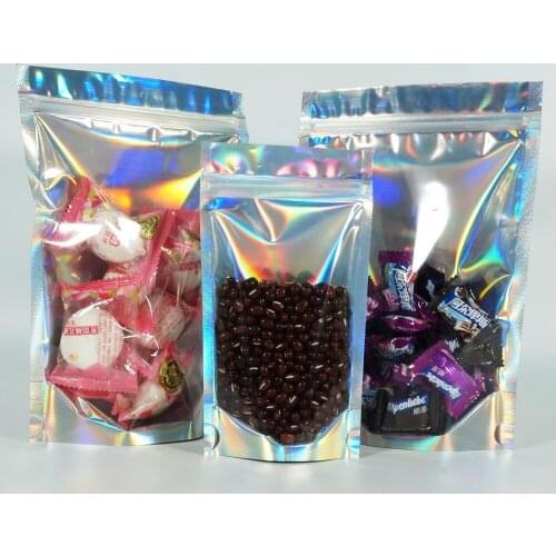 100pcs Stand Up Laser Aluminium Foil Ziplock Bag Front Clear, Standing Mylar Plastic Doypack Omelet Packing Sack Free Shipping