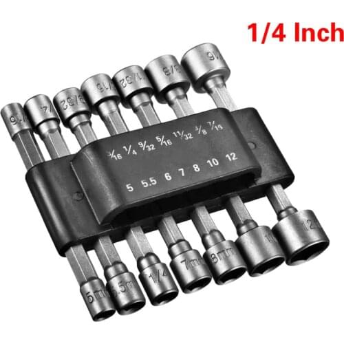 14pcs 1/4 Inch Hex Shank Power Nut Driver Drill Bit Set SAE Metric Socket Wrench Screw Screwdriver Handle Tools No Magnetic