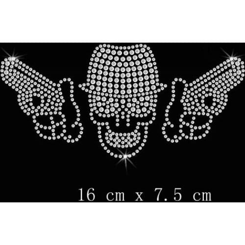 Free Shipping Gangster Skull Guns Iron On Rhinestone Transfer