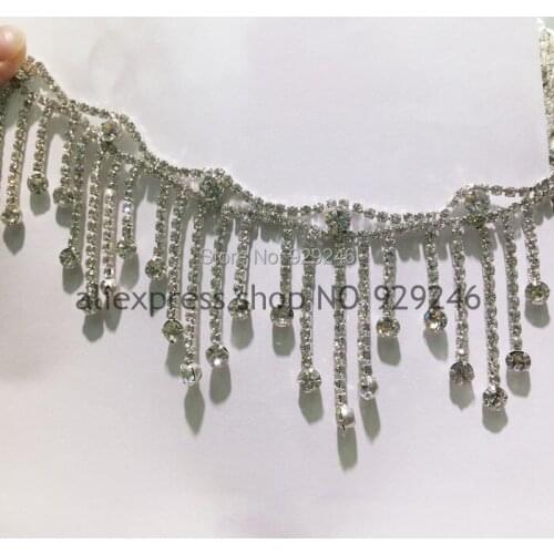 90cm/pack silver AB Crystal Clear Glass Rhinestone metal Chain Silver 5cm tassels crafts Dress Decoration Trims Applique Sew on