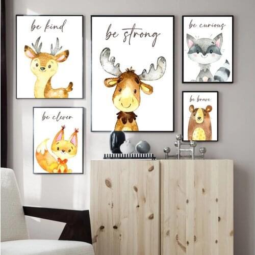Nursery Room Print Painting on Canvas Woodland Animal Deer Fox Bear Poster Picture Home Decoration As A Kids Baby Room