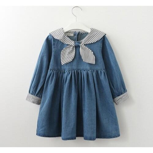 2 3 4 5 6 Year Toddler Girls Dress Fashion Denim College Style Kids Dresses For Girl Baby Clothing Ear Stripe Child Clothes 2019