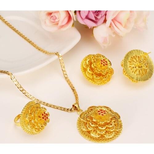 Ethiopian Gold Jewelry set Pendant Necklaces Earring Ring crystal Africa women men Bridal Wedding party zircon Eritrea Sets