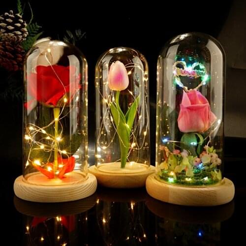 Beauty And The Beast Artificial Flower Real Touch Rose In LED Light Glass Cover Gold Foil Rose Valentines Day Gift Home Decor