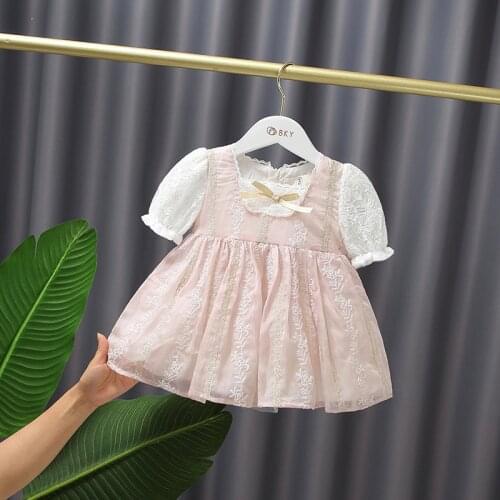 Baby Girls Sweet Princess Dress Children Baby Short Sleeve Lace Bow Birthay Party Dresses Kids