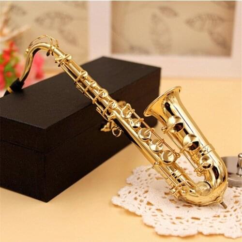 Mini Saxophone Model Musical Instrument Copper Brooch Miniature Desk Decor Display with box + bracket for Musical instrument