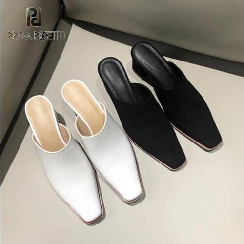 French style square toe leather white and black mid-heel mules spring and summer all-match fashion high-heel half slippers women