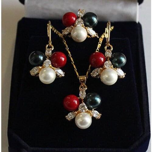 Colorful 8mm South Sea Shell Pearl Gold Plate Crystal Earring Pendant Ring Set 5.23 5.23
