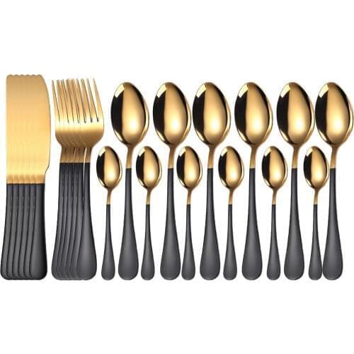 24 Pcs Black Gold Tableware Set 18/10 Stainless Steel Cutlery Set Forks Knives Spoons Dinner Kitchen Dinnerware Silverware Set