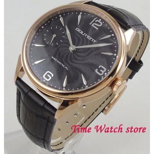 Goutent 42mm wrist watch men waterproof leather bracelet gold black dial steel 17 jewels Mechanical 6497 Hand Wind 2008