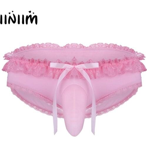 Iiniim Gay Underwear Men Frilly Lace G-String Briefs Sexy Long Penis Sheath Jockstrap Panties Sissy Crossdress Bowknot Underpant