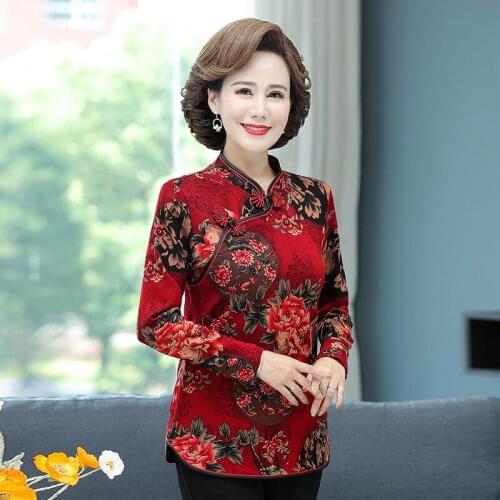 2021 New Long Sleeve Tops Mom Spring Autumn Vintage Cheongsam Shirt Plus Size Middle-Aged Women Chinese Blouses