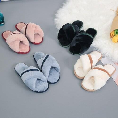 New Korean Color Matching Cross Plush Slippers Womens Indoor Plush Floor Slippers In Autumn and Winter