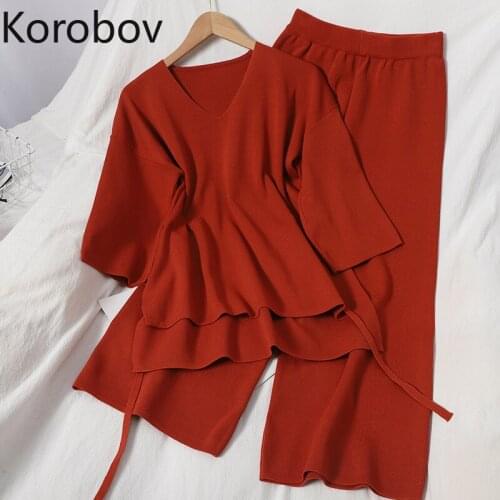 Korobov New Chic Knit Tops and Knitted Pants 2 Pieces Sets Korean Loose Casual V Neck Short Sleeve T Shirt and Wide Leg Trousers