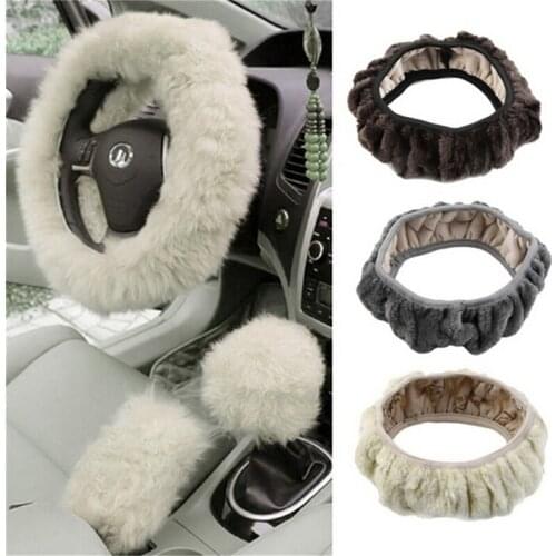 DIY Long Plush Warm Fur Car Steering Cover Woolen Handbrake Car Accessory