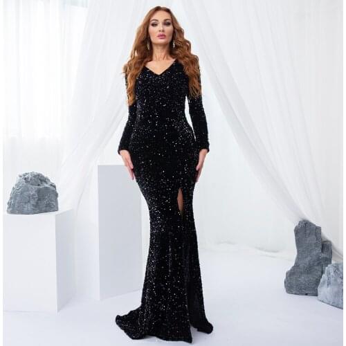 NEW Sexy Sequin V Neck Stretch Split Full Sleeve Velvet Bottom Zipper Elegant Maxi Dress Evening Party Dress Black