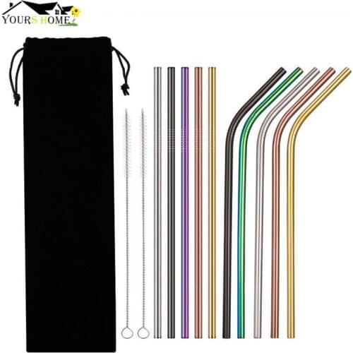 8pcs Straws + 2pcs Brushs Metal Drinking Straw Stainless Steel Reusable Straws For Beer Fruit Juice Drink Barware